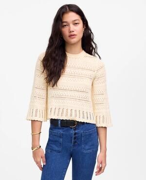 Madewell Scalloped-Trim Sweater Tee WMNS S Sand Crewneck Crop Open Knit Pullover